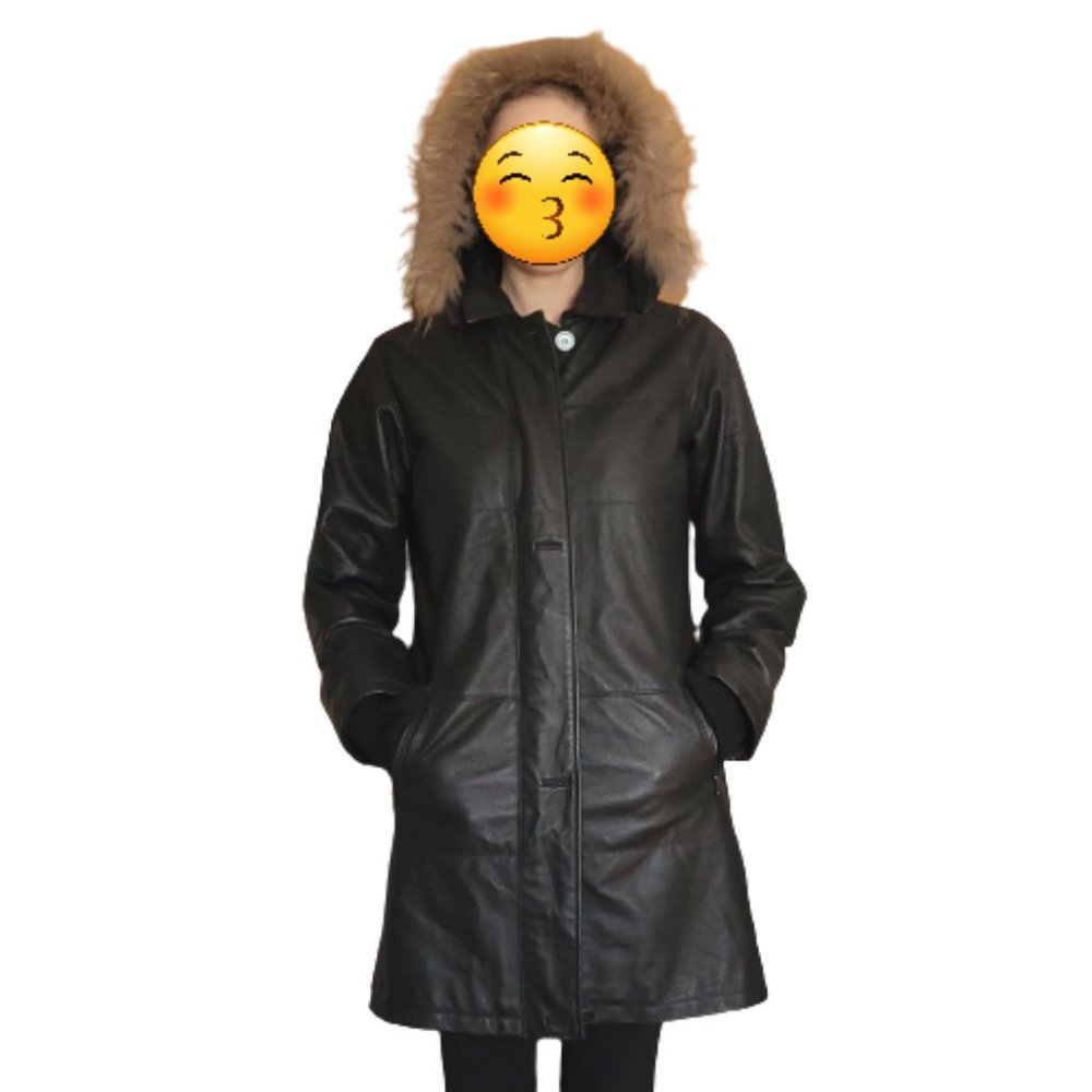 Vtg Danier Winter Coat Leather Black Hooded Removable Lining Size Small